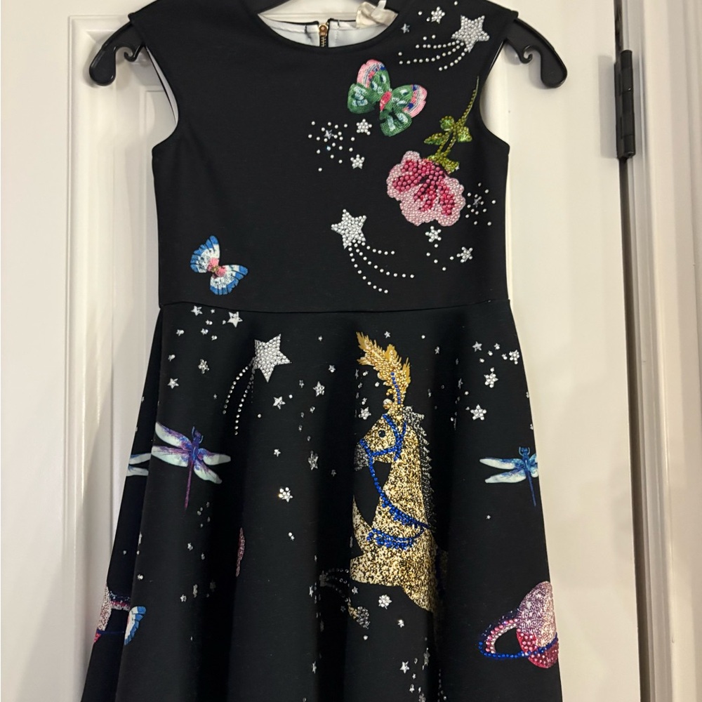 Hannah Banana Black Fit-and-Flare Dress with Glitter Unicorn & Celestial Motifs